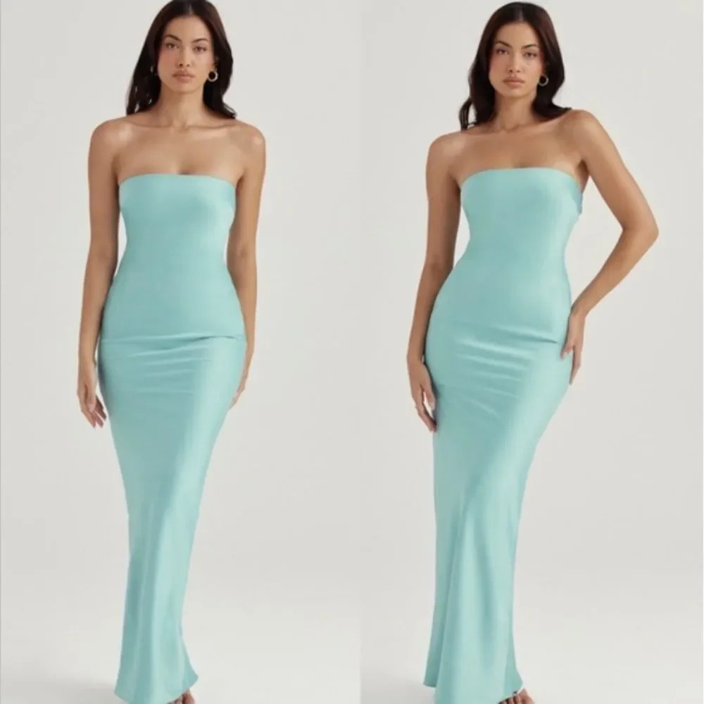 HOUSE OF CB 'Alette' Jade Satin Teal Strapless Maxi Dress NWOT size L - Picture 12 of 14